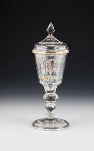 Lidded goblet with cavalier: Lidded goblet with Kavalier Meyr's nephew, Adolf near Winterberg, for J. & L. Lobmeyr, Vienna, c. 1876 Colorless, partially peeled and faceted glass. Cover, top of the foot and in cross-section oval,