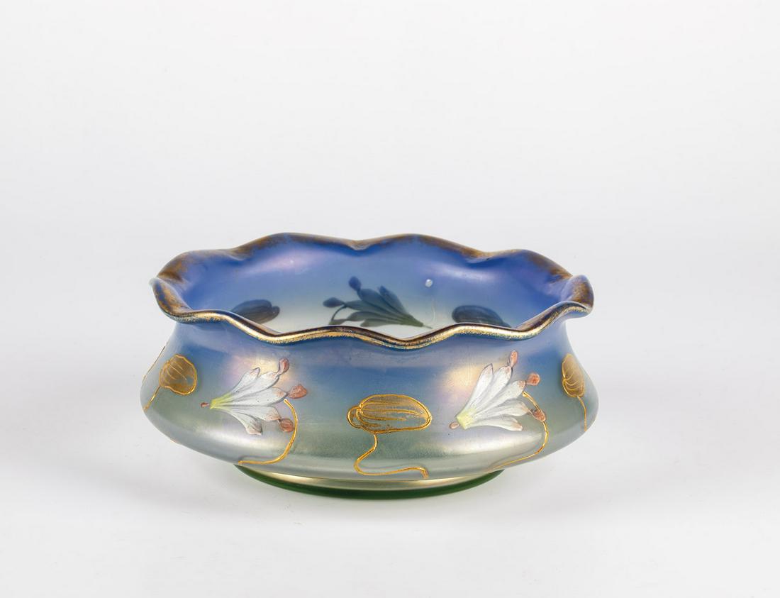 Bowl with water lily: Bowl with water lily Loetz Wwe., KlostermÃ¼hle, c. 1900 Colorless glass, thin green and blue underpinning. Wrap-around dÃ©cor in polished gold and polychrome opaque enamel painting: water lilies a