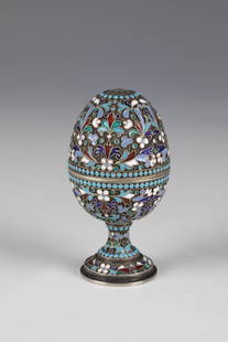 CloisonnÃ© enamel egg double cup: CloisonnÃ© enamel egg double cup Russia, stamped Khlebnikov silver, partly gilded. Ovoider body with tendril and flower motifs as well as pearl borders. Stamped with inspection mark with fineness