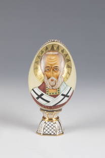 Porcelain Easter egg with St. Nicholas: Porcelain Easter egg with St. Nicholas Russia, probably Imperial Porcelain Manufactory St. Petersburg, 20th century, frontal depiction of St. Nicholas. On the reverse ''H.W.'' in Cyrillic with flower