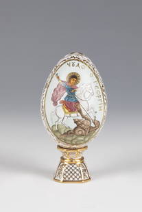 Porcelain Easter egg with St. George: Porcelain Easter egg with St. George Russia, probably Imperial Porcelain Manufactory St. Petersburg, 20th century, frontal depiction of St. George as a dragon slayer. On the reverse ''H.W.'' in