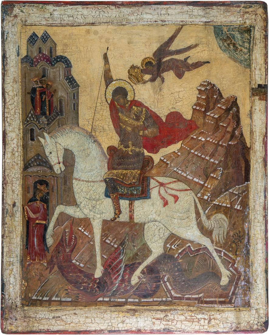 Saint George: Saint George Russia, 20th century Composite of two wooden planks with two back sponki. Kowtscheg, tempera on a chalk background. 53 x 43.5 cm