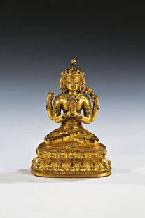 Avalokiteshvara (Gottheit des Mitleids): Avalokiteshvara (Gottheit des Mitleids) Tibet, 18. Jh. Bronze, vergoldet. Auf doppeltem Lotosthron sitzende, vierarmige Figur mit Krone und Bodhisattwa-Schmuck besetzt mit Halbedelsteinen, in der Link