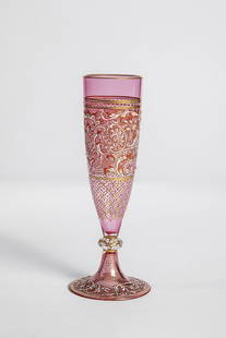 Small goblet jar: Small goblet jar J. & L. Lobmeyr, Vienna, c. 1885 Colorless, ruby pink underpinning glass with white and red, floral transparent enamel painting and C-flourishes. Contour and interior drawing in polis