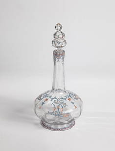 Carafe: Carafe Emile GallÃ©, Nancy, 1880-85 Colorless, rib-optically blown glass. All around stylized leaves and ornamental bands made of colorful, white-gray contoured enamel painting. Plug designed to