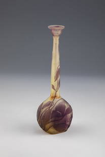 Small long-necked vase with clematis: Small long-necked vase with clematis Emile GallÃ©, Nancy, c. 1905 Colourless glass, yellow partial undertaking, violet overlay. All around relief etched dÃ©cor: buds, flowers and leaves of