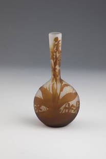 Small long-necked vase: Small long-necked vase Emile GallÃ©, Nancy, c. 1900-04 Colourless glass, partially blue, overlaid in ochre and brown. Relief etched dÃ©cor: flowers, buds, foliage and grasses. Inner drawing in