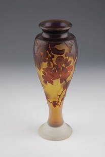 Vase with apple blossom: Vase with apple blossom Emile Galle, Nancy, 1920s Colorless glass, yellow underpinning, red overlay. All around relief etched dÃ©cor: branches of the apple tree with flowers and buds. Inner drawing