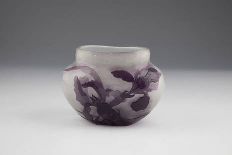 Vase with iris: Vase with Iris Emile GallÃ©, Nancy, c. 1898 Colourless glass, milky white underlay on the inside, violet overlay on the outside. Etched dÃ©cor in relief all around: two iris flowers with foliage.