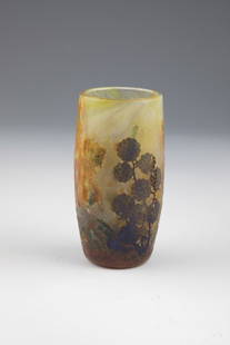 Small vase with blackberry branch: Small vase with blackberry branch Daum FrÃ¨res, Nancy, c. 1910 Colorless glass with melted and melted powder in yellow, red, green and purple. Etched dÃ©cor all around: foliage and fruits of