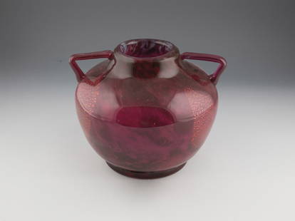 Large handle bowl ''Verre de Jade'': Large handle bowl ''Verre de Jade'' Daum FrÃ¨res, Nancy, c. 1918-25 Colorless glass with white, purple and raspberry-red powder fusions as well as metal foil inclusions. Engraved edge of the foot: