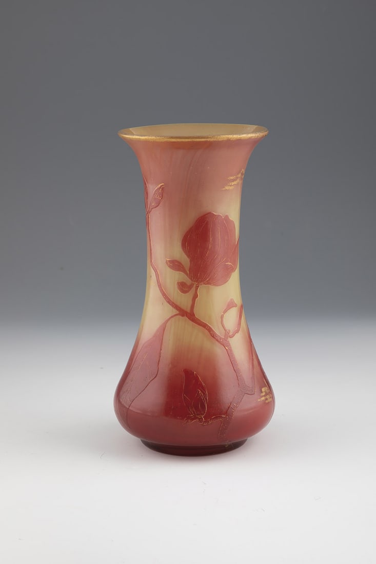 Vase: Vase Wohl Val Saint-Lambert, Seraing-sur-Meuse, c. 1906/1907 Colourless glass, pink-red overlaid and with yellow-brown and pink-red melts. All-round relief etched dÃ©cor: flower branches. Inner draw