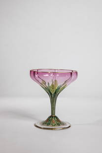 Champagne goblet: Champagne goblet Meyr's nephew, Adolf for J. & L. Lobmeyr, Vienna, c. 1900 Colorless, tapering ruby pink underpinning glass with colorful transparent enamel painting. Decor: stylized petals. Contour a