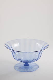 Foot bowl ''in vetro soffiato'': Base bowl ''in vetro soffiato'' Vittorio Zecchin (design), Venini, Murano, 1930s Blue, optically blown glass. Foot edge folded downwards. Ref.: venini murano (etching stamp). H. 15.5 cm; D. 28.5 cm