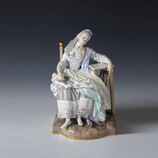 Sleeping Louise - ''Louise le Deserteur'': Sleeping Louise - ''Louise le Deserteur'' Meissen, late 19th century, after a model by Michel Victor Acier Convex curved rectangular base on the front. Sitting on a chair, his right arm resting on a s