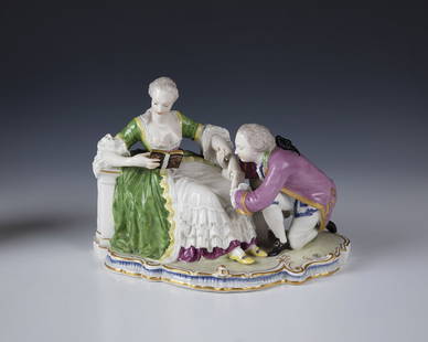 Lovers: Lovers Nymphenburg, early 20th century On a semi-circular, passively curved, gold-studded rocaille base. Richly decorated in polychrome overglaze painting and gold. Innotation: underglaze blue