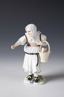 Old farmer's wife from the series ''Cris de Paris'': Old peasant woman from the series ''Cris de Paris'' Meissen, 1738-47, after a model by Johann Joachim Kaendler On a tree support base covered with plastic flowers. Holding a large basket of eggs in