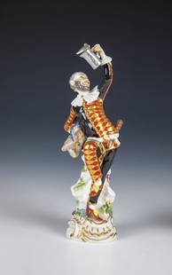 Harlequin with lidded jug from Italian comedy: Harlequin with a lidded jug from the Italian Comedy Meissen, around 1970, based on a model by Johann Joachim Kaendler Court comedian Joseph Ferdinand Mueller, known as ''Zanni Mueller'', dancing on a