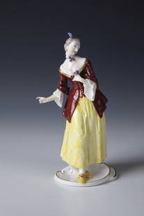 Rococo Lady: Rococo Lady Nymphenburg, ca. 1900, after a model by Franz Anton Bustelli On a rocaille base. Polychrome overglaze painting with gold decoration. Bottom with blind stamp mark, 69 & 0 (pressed). Min.