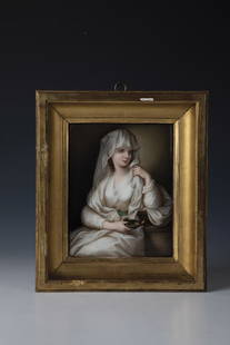 Optical videodisk: Picture plate Around 1910 Rectangular porcelain plaque with a Roman priestess in fine, polychrome overglaze painting. After the painting ''Self-Portrait as a Vestal Virgin'' by Angelika Kauffmann from