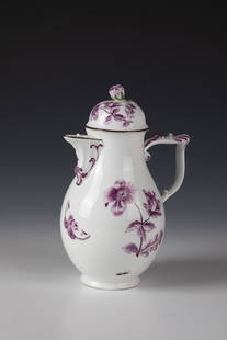 Coffee pot: Meissen coffee pot, 1763-1774 Pear-shaped bulbous body with console spout and J-handle on narrow ring. Decorated with finely painted flower branches and insects in purple. Domed lid with flower knob.