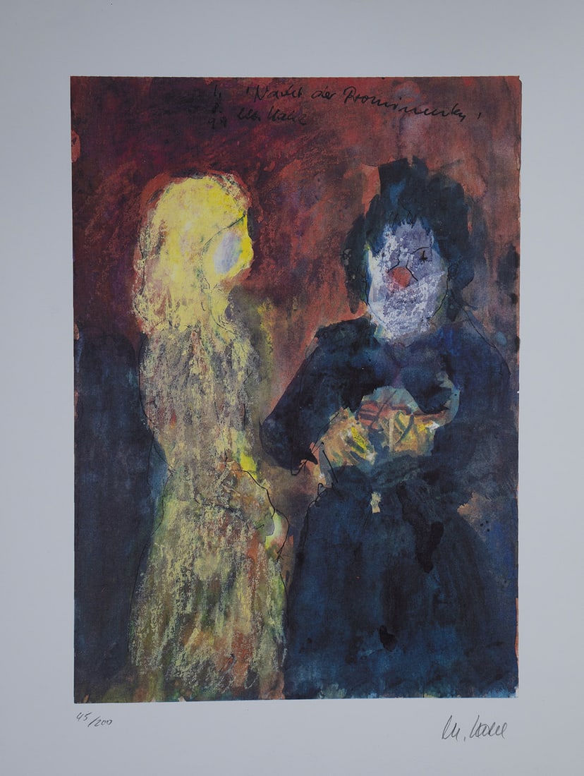 Armin Mueller Stahl, Night of the Celebrities, 1999, Litho: ''Even as a clown with violin'', 2006 Armin Mueller-Stahl (1930 Tilsit, Russia) Coloured lithograph on vellum. Signed on the right below the depiction: M. Stahl (pencil), also signed in the stone: M.