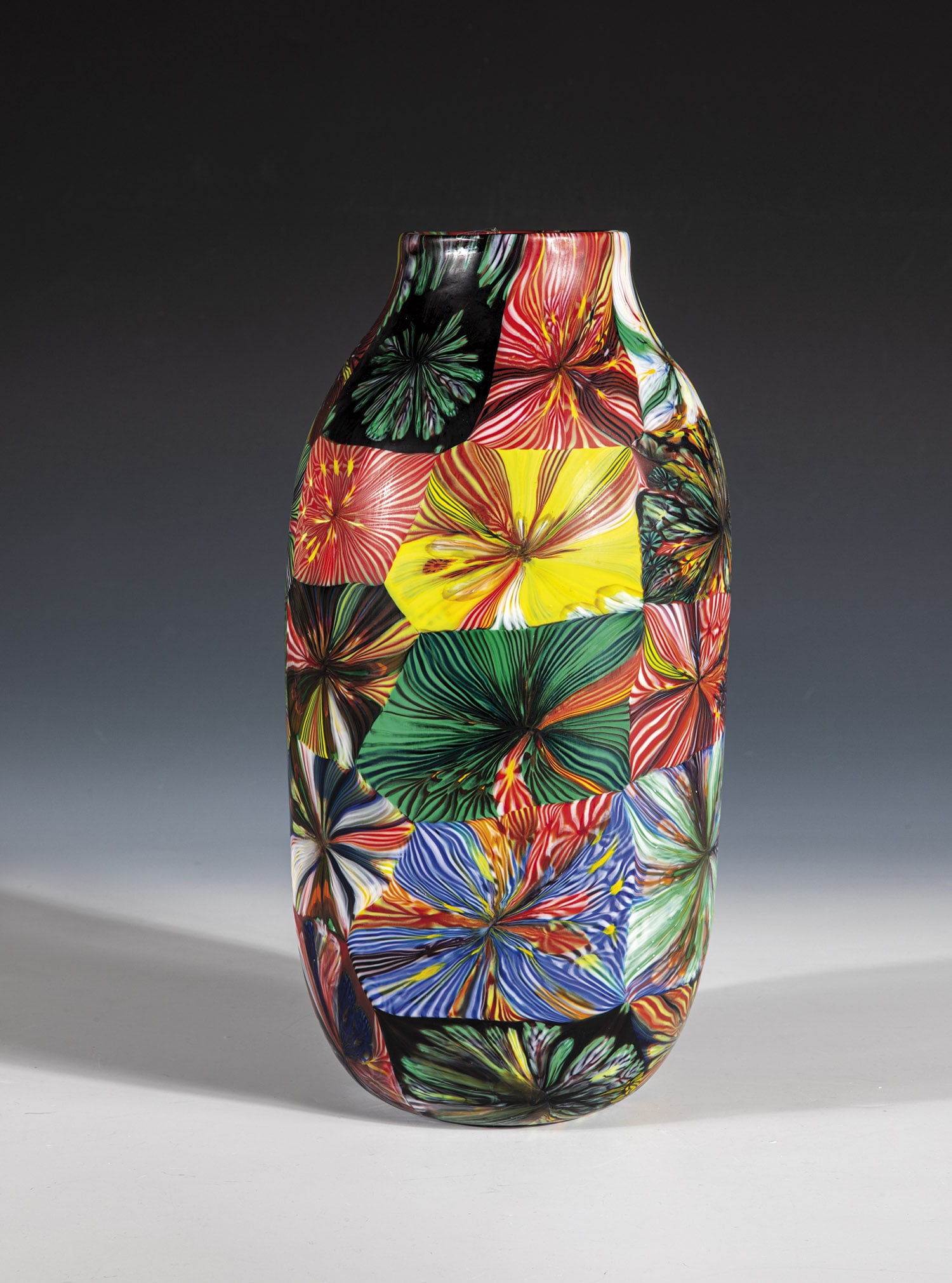 Rare vase ''Stellato a canne di murrina'': Rare vase ''Stellato a canne di murrina'' Pollio Perelda (design), Fratelli Toso, Murano, 1953 Colourless, acid-frosted glass with a melted, colourful, star-shaped pattern. Executed by Master Licio Zu