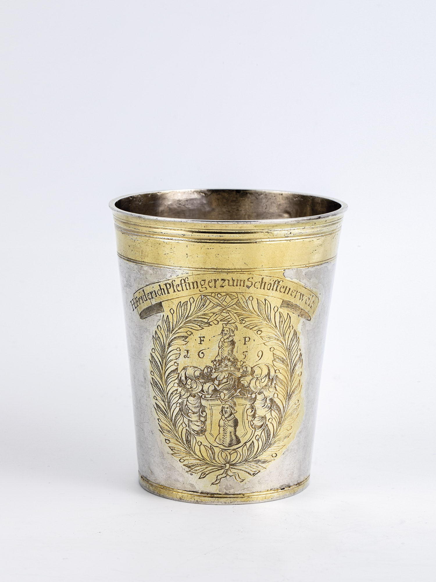 Council Mug: Council cup Strasbourg, dated 1659, master Hans Jacob Erhart (master from 1634) silver, partially gilded on the outside. Conical cup with smooth walls and gilded rim, set off by narrow profile lines a