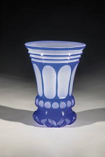 Ranft Mug: Ranft beaker Bohemia around 1840 Beaker made of white, cut alabaster glass with cobalt blue overlay, base with wedge-cut decoration, eightfold tongue-shaped peeled wall, pressed nodus with lentil cut,