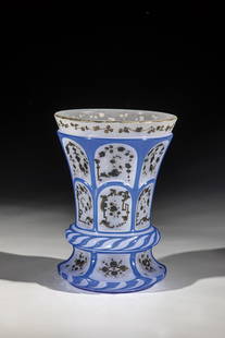 Alabaster Mug with Silver Painting: Alabaster beaker with silver painting, Bohemia around 1840, blue cased alabaster glass. Slightly hollow ground back with engraving: ''Souvenir pour P. Fischof''. Ranft and Nodus with turban cut. The s