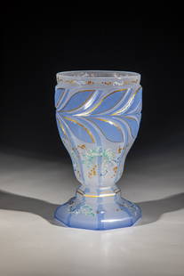 Foot cup: Foot cup Bohemia, ca. 1840 White alabaster glass with light blue overlay. Eightfold faceted base merging into bell-shaped wall. Circumferential below the lip margin, high-cut leaf border with gilded