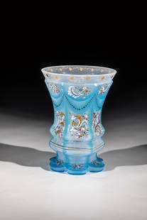 Mug with floral décor: Beaker with Floral Decoration Bohemia, ca. 1840 White alabaster glass overlaid with blue alabaster glass. Suitably cut base with floral bouquets in colorful enamel painting. Six-faceted wall with