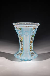 Alabaster Mug: Alabaster beaker Bohemia, probably Annathal near Schuettenhofen, ca. 1840 White alabaster glass with light blue overlay. Ranft with high-cut cabochons. Eight-faceted, sweeping wall with high-cut