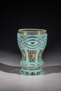 Foot cup with double overlay: Double-cased foot cup Bohemia, M. 19th century Colourless glass with agatinopal and uranium-containing lime green overlay. Rich cut decoration with gold-heightened, impasto opaque enamel painting: