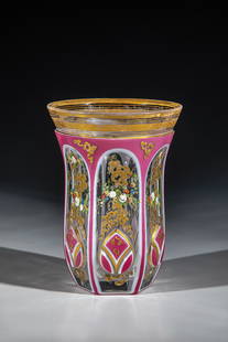 Tumbler with double lid: Tumbler with double overlay Bohemia, ca. 1850 Colourless glass with pewter enamel and pink overlay, bell-shaped, slightly recessed wall, six peels. Facets painted with rocailles in impasto gold painti