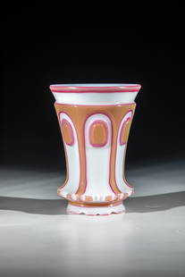 Foot cup: Foot cup Bohemia, ca. 1840 Frosted glass with double overlay in dusky pink and dark pink glass. Foot and Ranft quarrelled. Six-fold peeled wall with high-ground cartridges. Contrasting lip margin.