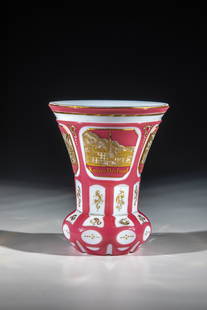 Foot cup with veduta: Foot cup with veduta Bohemia, ca. 1835 White alabaster glass with pink case. Bottom side with notched finish. The base and lower part of the projecting wall are eight faceted, peeled and decorated