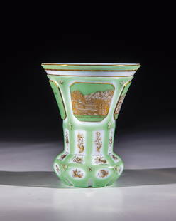 Souvenir mug with veduta from Gastein: Souvenir cup with veduta from Gastein, Bohemia, ca. 1835 White alabaster glass with light green, uranium-containing case. Bottom side with notched finish. The base and lower part of the projecting