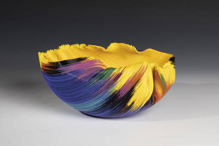 Bowl object Toots Zynsky Extended, fused and hot-formed coloured glass threads. Inscribed on the