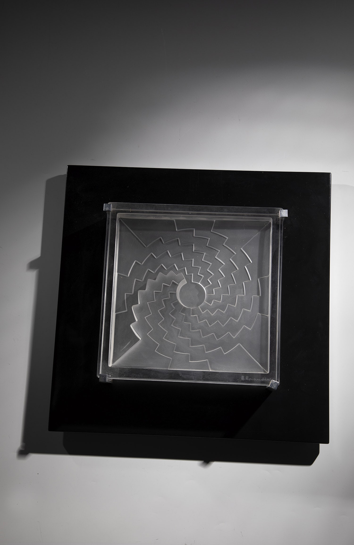 Annual Object ''Foro Geometrico'': Annual object ''Foro Geometrico'' Marcello Morandini (design), Rosenthal AG, Selb 1986 Colourless glass, partly frosted. Mounted on Black Plastic Plate. Signed on the front at the bottom: M. Morandini