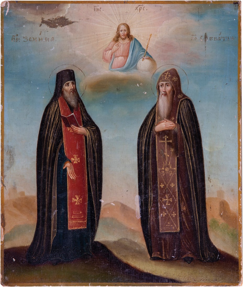 The Holy Founders of the Monastery Zosima and Zavati (Sabbatius): The Holy Founders of the Monastery Zosima and Savatij (Sabbatius) Russia, early 19th century tempera on chalk ground on doubled wooden panel. Min. defects. 22.3 x 19 cm