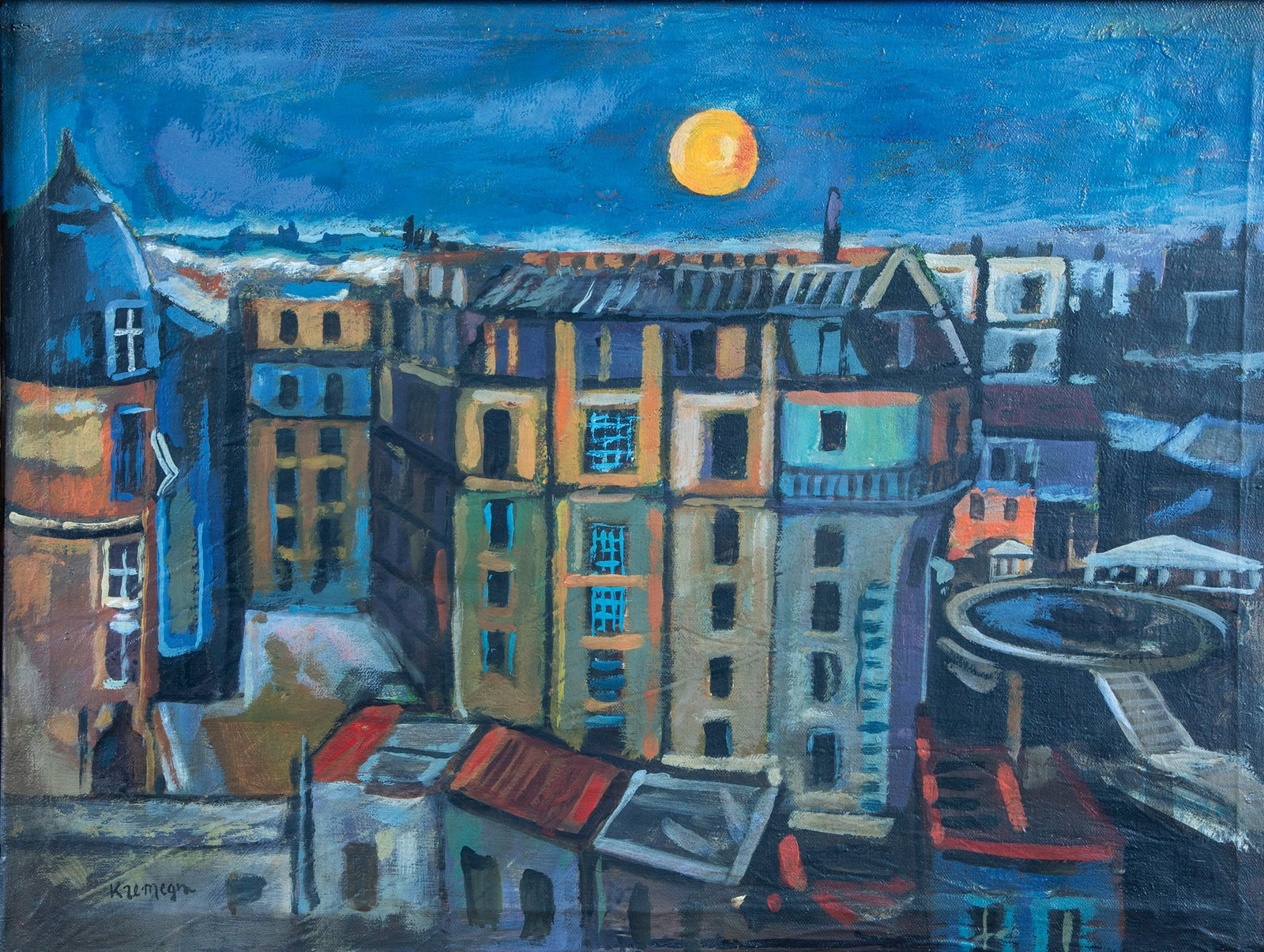 Pinchus Krémègne: Pinchus Krémègne 1890 Schaludok near Lida, today Belarus - 1981 Céret, France Full moon over the city roofs at night, oil on canvas, signed lower left. The frame tension has decreased a bit due to 