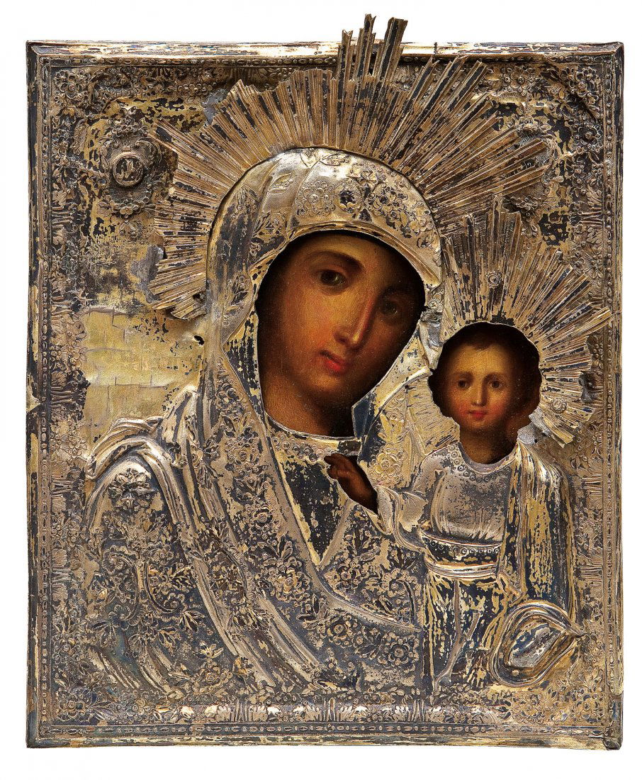 Gottesmutter von Kasan mit vergoldetem Oklad: Gottesmutter von Kasan mit vergoldetem Oklad Russland, 19. Jh. (Ikone), Moskau, 1834 (Oklad) Nadelholz-Einzeltafel mit zwei Stirnseiten-Sponki. Öl auf Kreidegrund. Traditionelle Darstellung der Gotte