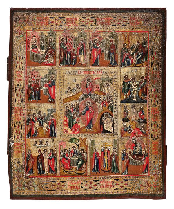 Festtagsikone: Festtagsikone Russland, Ende 19. Jh. Aus zwei Nadelholz-Brettern zusammengefügtes Bildfeld mit zwei Rückseiten-Sponki. Eitempera auf Kreidegrund, versilberter Hintergrund goldfarben lasiert. Traditi