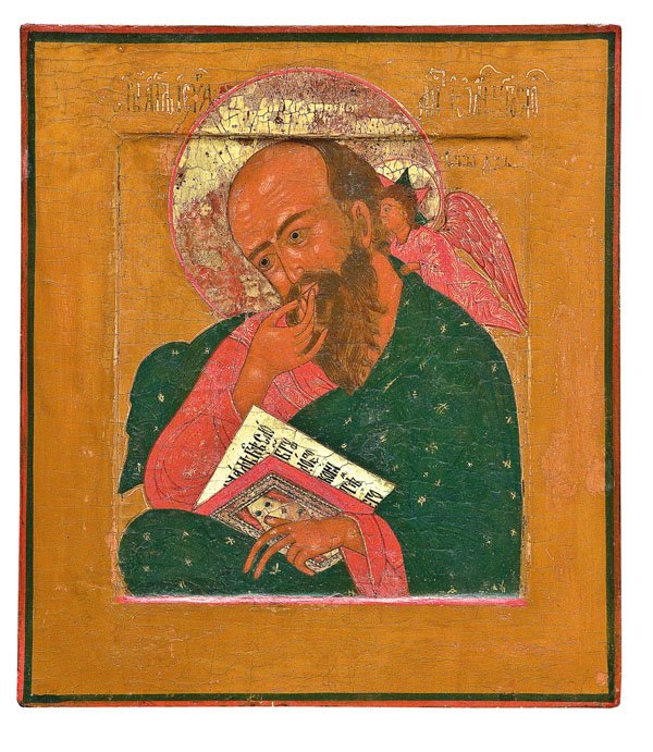 Johannes, Theologe im Schweigen: Johannes, Theologe im Schweigen Russland, 19. Jh. Nadelholz-Einzeltafel mit zwei gegenständigen Rückseiten-Sponki. Kowtscheg, Lewkas, Eitempera, versilberte Nimben goldfarben lasiert. Traditionelle