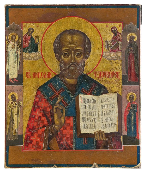 Heiliger Nikolaus von Myra: Heiliger Nikolaus von Myra Russland, 19. Jh. Verbund aus zwei Laubholz-Brettern mit Stirnseiten-Sponki. Eitempera auf Kreidegrund. Versilberter Hintergrund goldfarben lasiert. Traditioneller Bildaufba