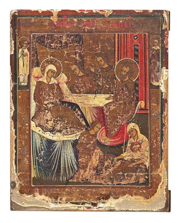 Drei Ikonen: Drei Ikonen Newjansk, 19. Jh. Tempera auf Kreidegrund auf Holz. Versilberter Hintergrund goldfarben lasiert. Bestehend aus zwei Ikonen mit dem heiligen Nikolaus von Myra und der Geburt der Gottesmutte