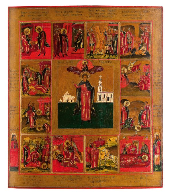 Große Vita-Ikone des heiligen Vonifatij von Tarsus: Große Vita-Ikone des heiligen Vonifatij von Tarsus - Heiliger gegen die Trunksucht Vetka, Mitte 19. Jh. Verbund aus drei Laubholz-Brettern mit zwei gegenständigen Rückseiten-Sponki. Eitempera auf K