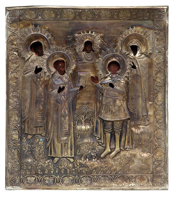 Drei Ikonen mit versilbertem Oklad: Drei Ikonen mit versilbertem Oklad Russland, 19. Jh. Tempera auf Holz. Bestehend aus einer Festtagsikone, einer Ikone mit den Ehevermittlern Samon, Gurij und Abibas sowie einer Ikone mit vier ausgewä