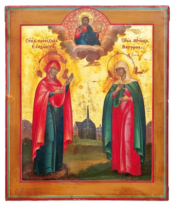 Heiligen Elisabeth und Matrona: Heiligen Elisabeth und Matrona Russland, Anfang 19. Jh. (Ikone), St. Petersburg, 1834 Laubholz-Einzeltafel mit zwei Stirnseiten-Sponki. Eitempera auf Kreidegrund. Hintergrund vergoldet und goldfarben